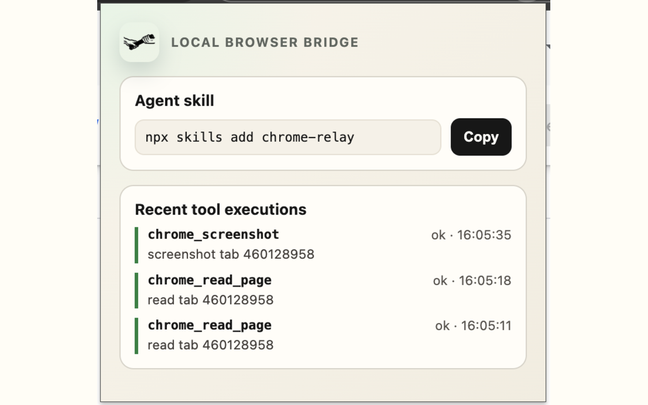 Chrome Relay popup showing a CLI command and recent local tool executions